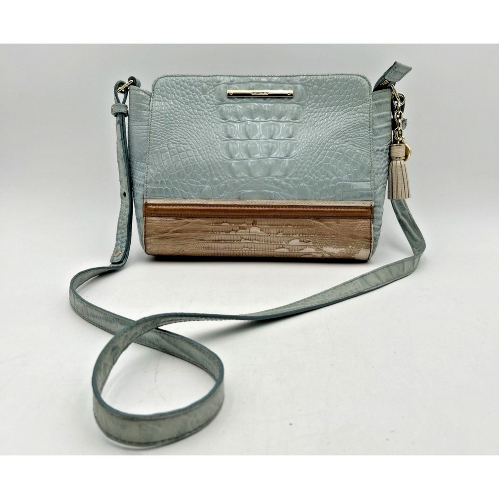 Brahmin Crossbody Handbag Skyblue And Brown Croc Embossed Boho Purse